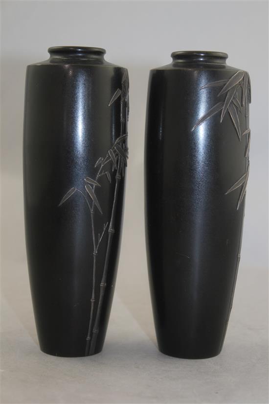 A pair of Japanese bronze and silver overlaid vases, Meiji period, by Hattori, 16.5cm